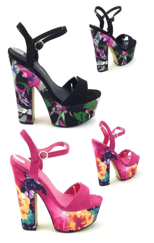 LADIES WOMENS PEEP TOE BLOCK HEEL FLORAL PRINT SUMMER EVENING SANDALS SHOES SIZE