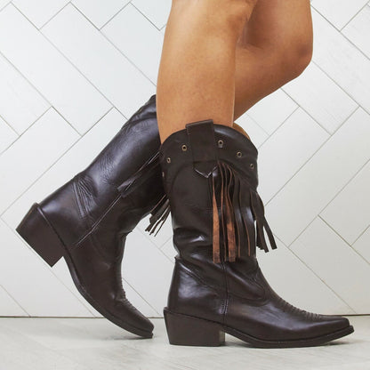 WOMENS LADIES REAL LEATHER COWBOY WESTERN STYLE ANKLE FRINGE BOOTS SHOES SIZE