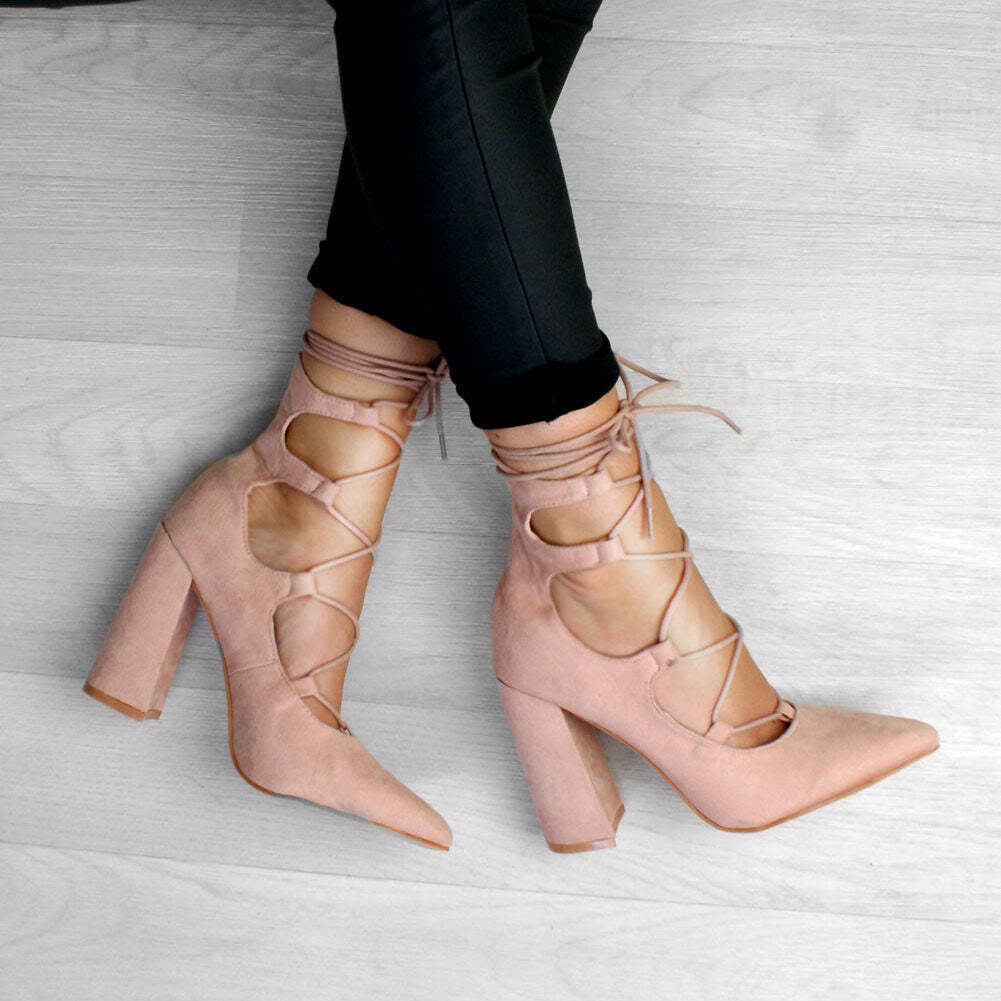 Lace Detail Block Heel Faux Suede Court Shoe