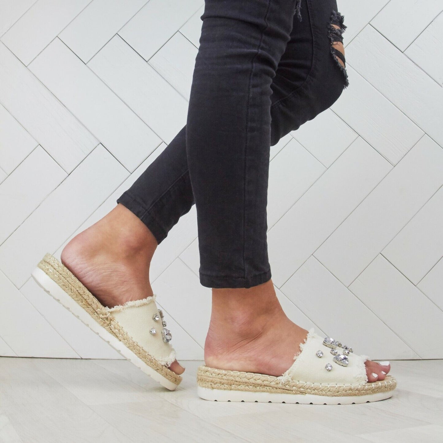 LADIES WOMENS FLAT ESPADRILLE SLIP ON DENIM DIAMANTE EMBELLISHED MULE SANDALS 