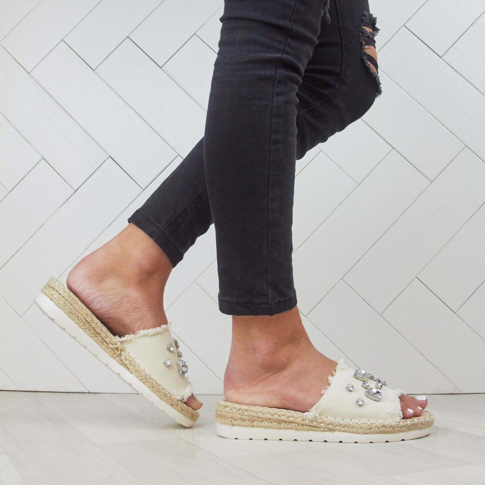 LADIES WOMENS FLAT ESPADRILLE SLIP ON DENIM DIAMANTE EMBELLISHED MULE SANDALS 