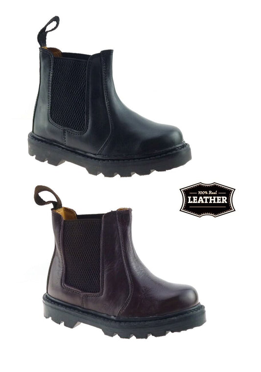 KIDS BOYS INFANTS REAL LEATHER BLACK RUBBER SOLE CHELSEA DEALER BOOTS SHOES SIZE