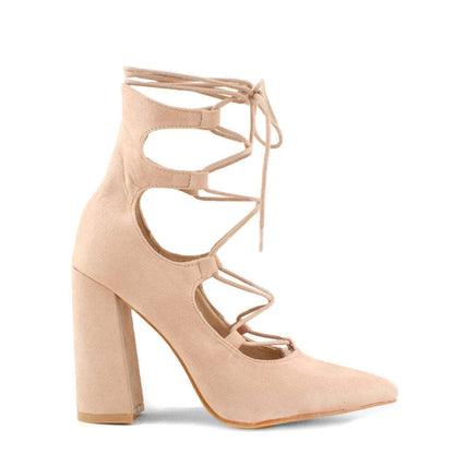 Lace Detail Block Heel Faux Suede Court Shoe