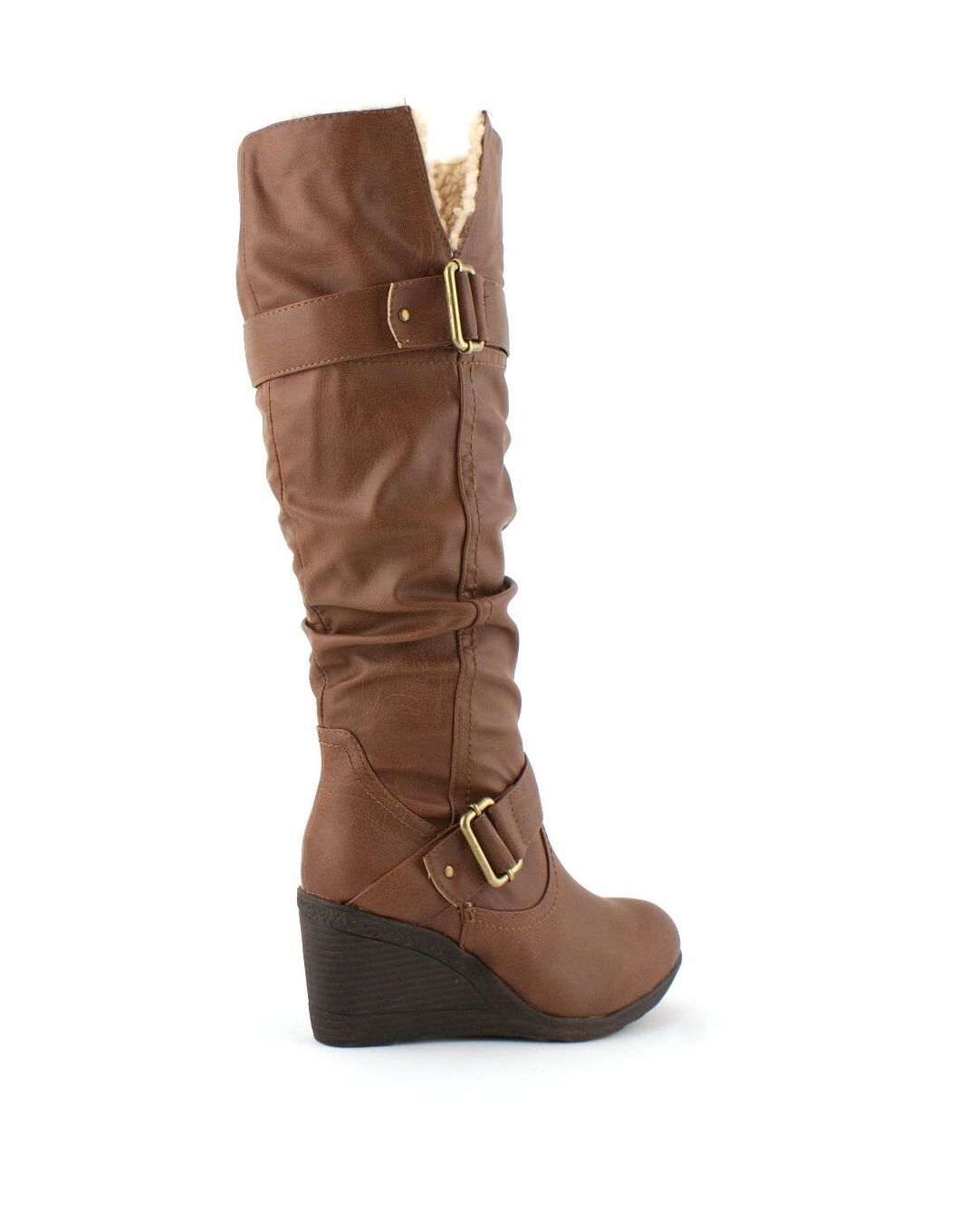 LADIES WOMENS FAUX LEATHER FUR WINTER WEDGE PLATFORM KNEE HIGH BOOTS SHOES SIZE