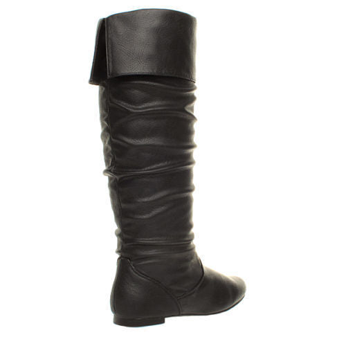 WOMENS LADIES GIRLS NEW FLAT HEEL SLOUCH CALF PULL ON KNEE HIGH BOOTS SHOES SIZE
