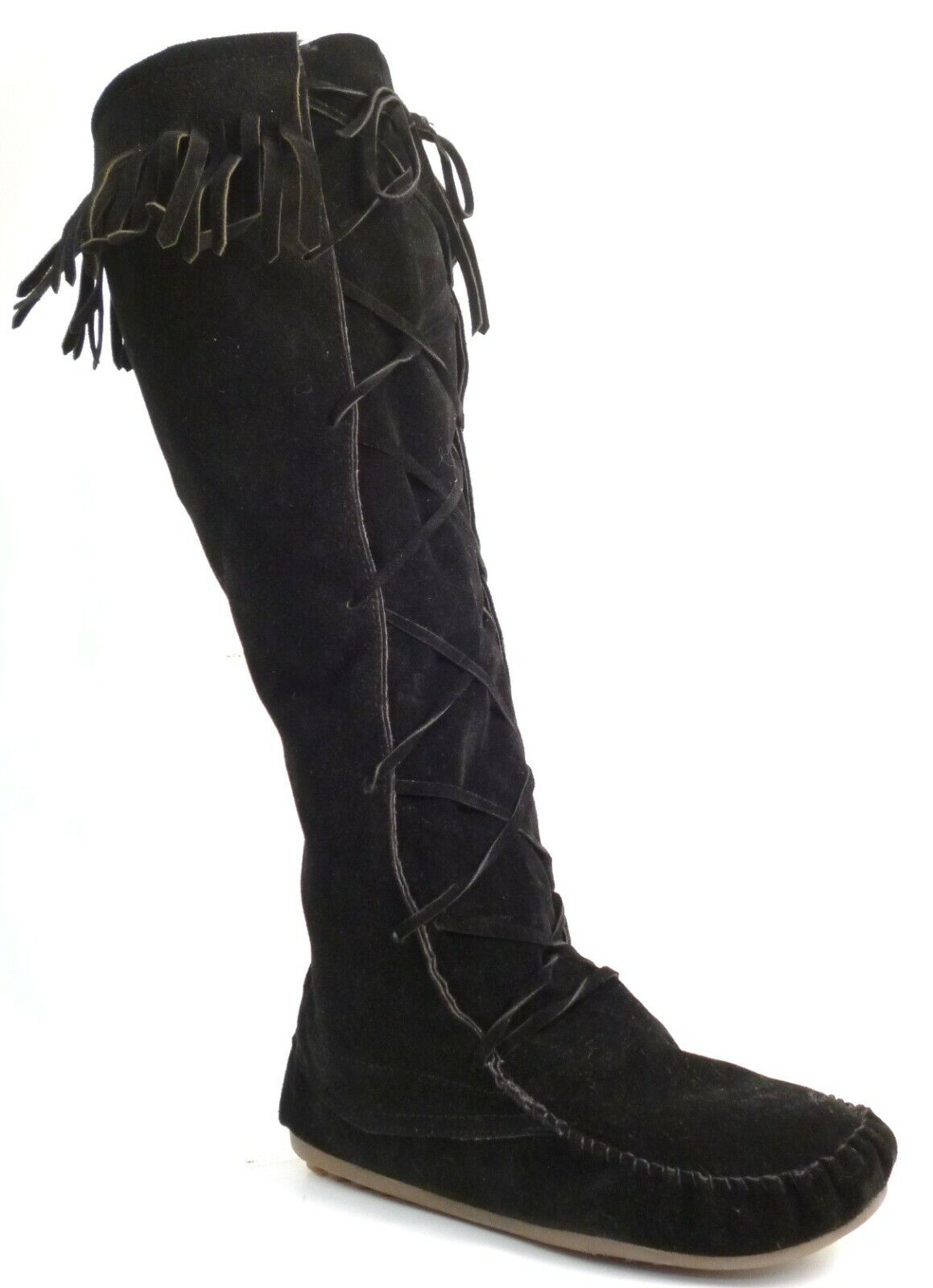 LADIES WOMENS FLAT BOHO MUKLAK FRINGE FAUX SUEDE PULL ON KNEE BOOTS SHOES SIZE 