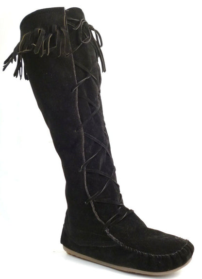 LADIES WOMENS FLAT BOHO MUKLAK FRINGE FAUX SUEDE PULL ON KNEE BOOTS SHOES SIZE 