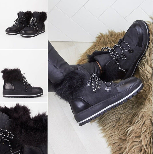 Ladies Womens Grip Sole Ski Moon Style Lace Up Faux Fur Collar Ankle Boots Shoes