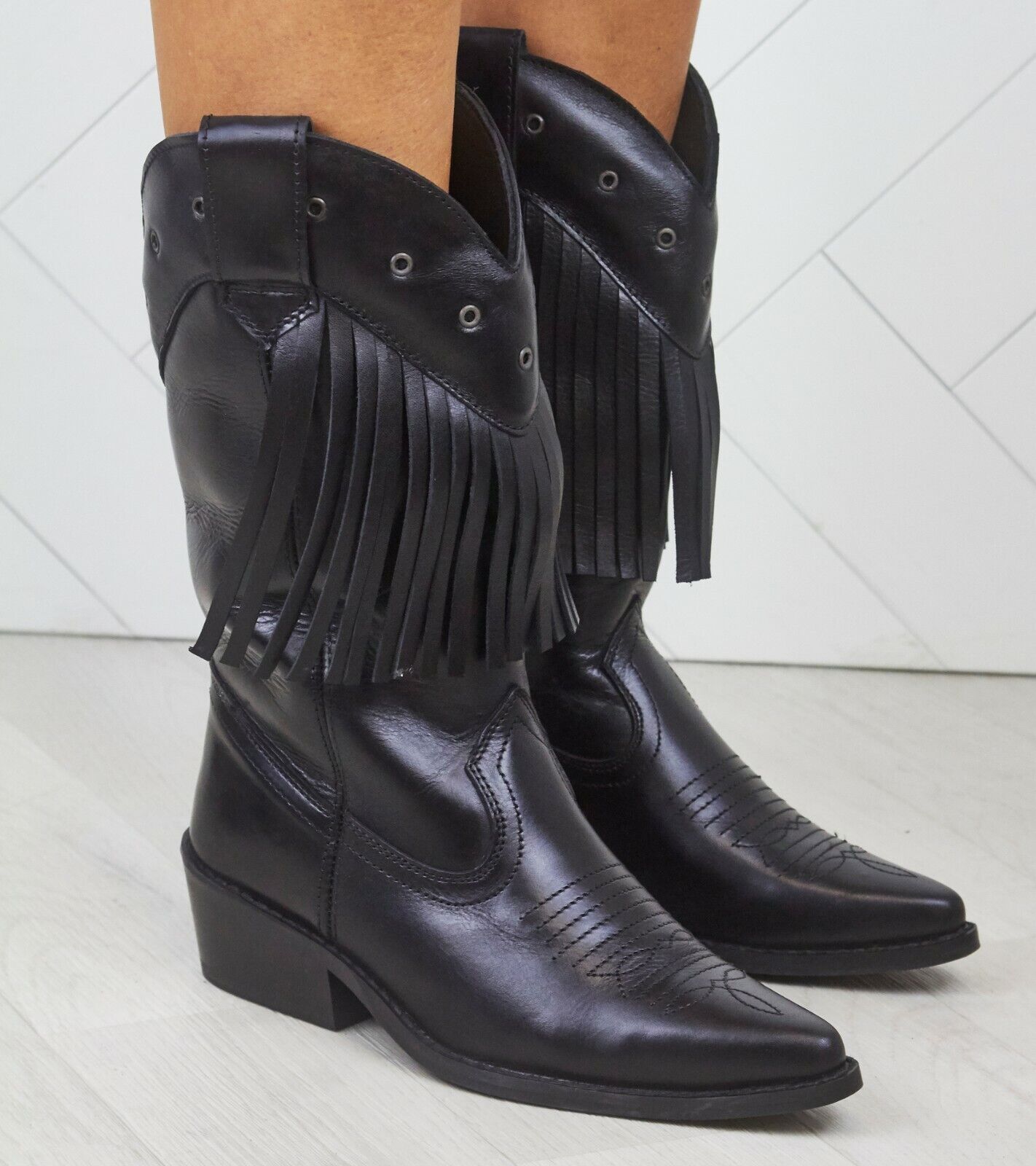 WOMENS LADIES REAL LEATHER COWBOY WESTERN STYLE ANKLE FRINGE BOOTS SHOES SIZE