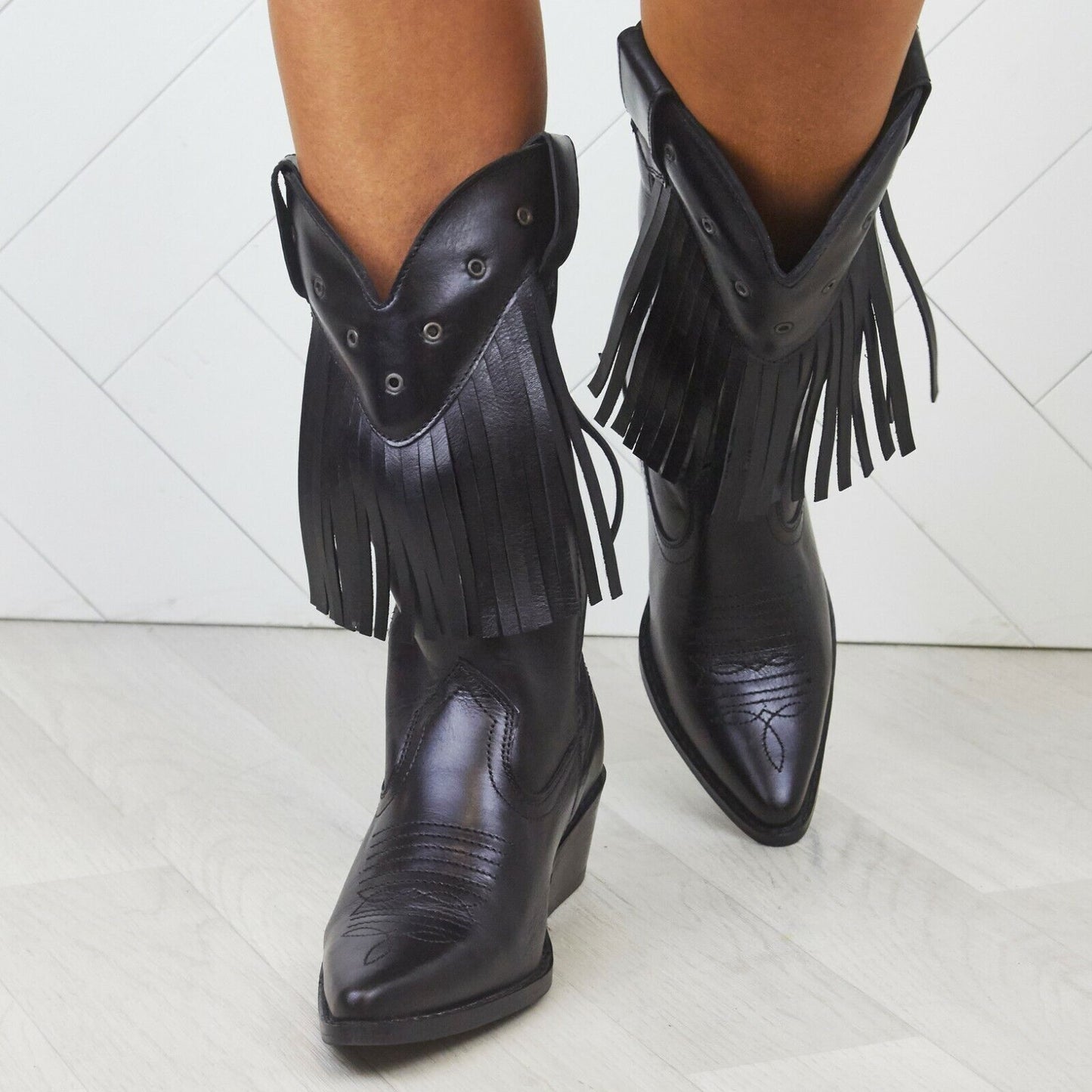 WOMENS LADIES REAL LEATHER COWBOY WESTERN STYLE ANKLE FRINGE BOOTS SHOES SIZE