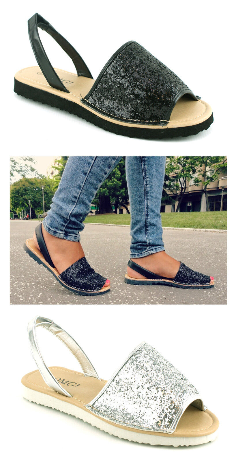 WOMENS LADIES MENORCAN SLING BACK PEEP TOE FLIP FLOP GLITTER SANDALS SHOES SIZE