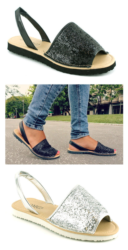 WOMENS LADIES MENORCAN SLING BACK PEEP TOE FLIP FLOP GLITTER SANDALS SHOES SIZE