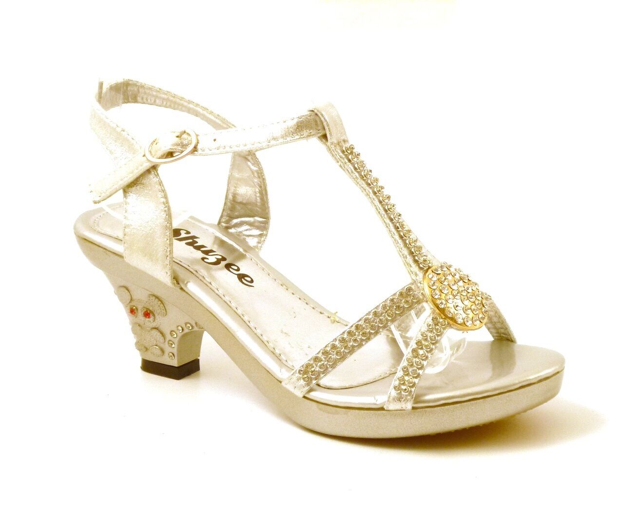 GIRLS KIDS LOW HEEL DIAMANTE TRIM WEDDING EVENING PARTY SANDALS