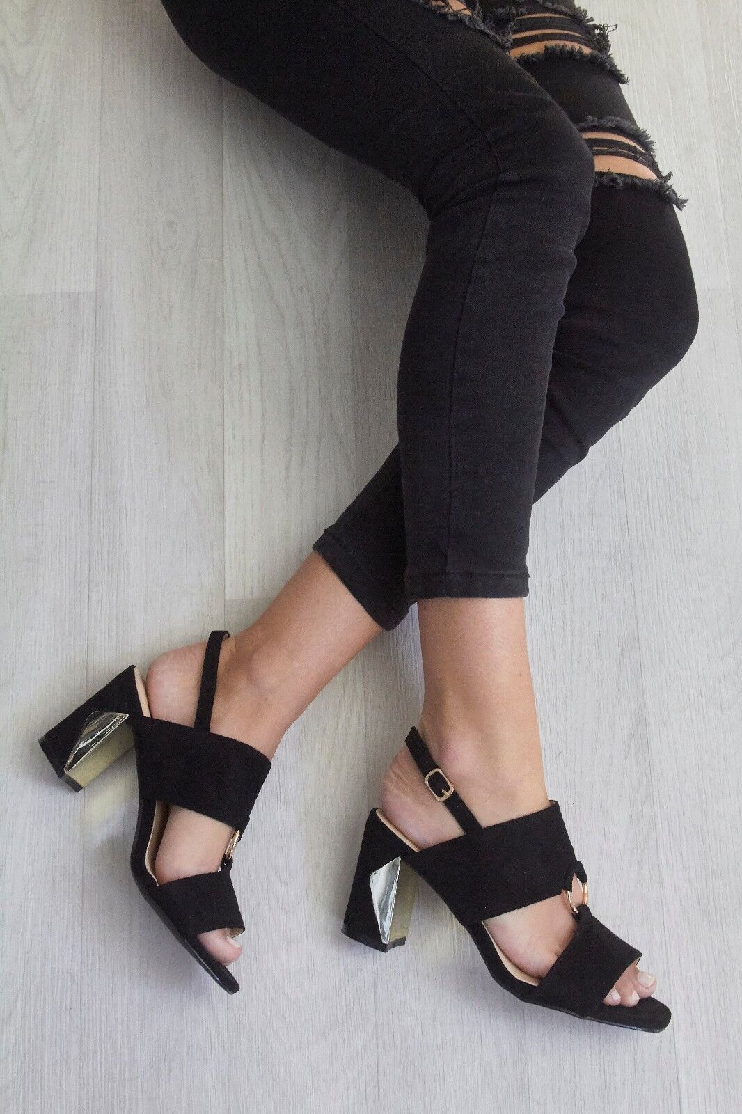 Womens Block Heel Ankle Buckle Up Strappy Peep Toe Sandals