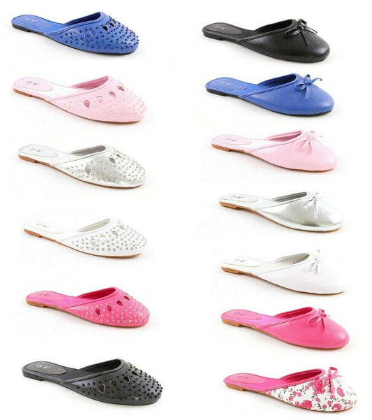 LADIES WOMENS NEW SLIP ON SLIDER BOW MULES PUMPS SHOES SANDALS FLIP FLOPS SIZE