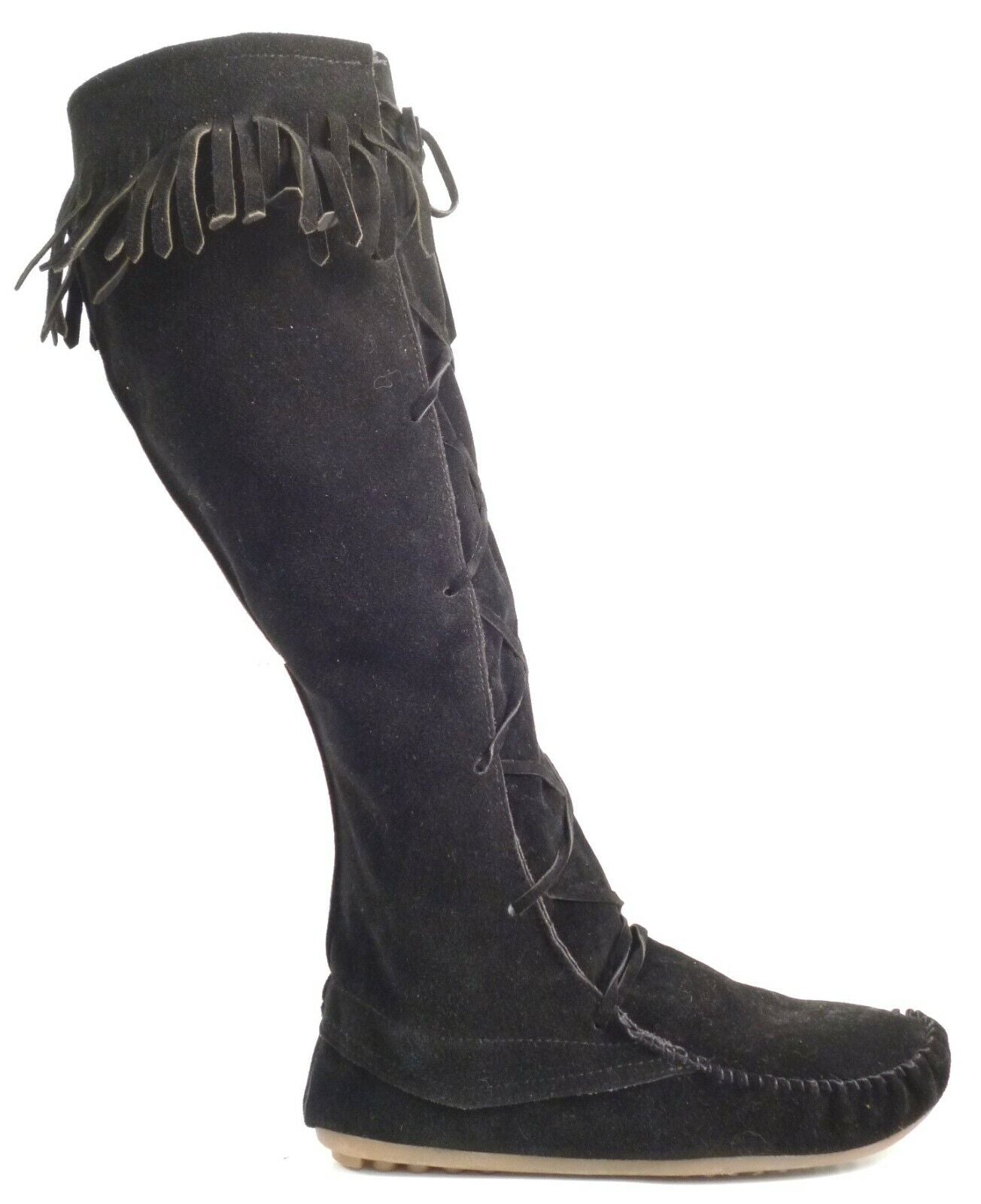 LADIES WOMENS FLAT BOHO MUKLAK FRINGE FAUX SUEDE PULL ON KNEE BOOTS SHOES SIZE 