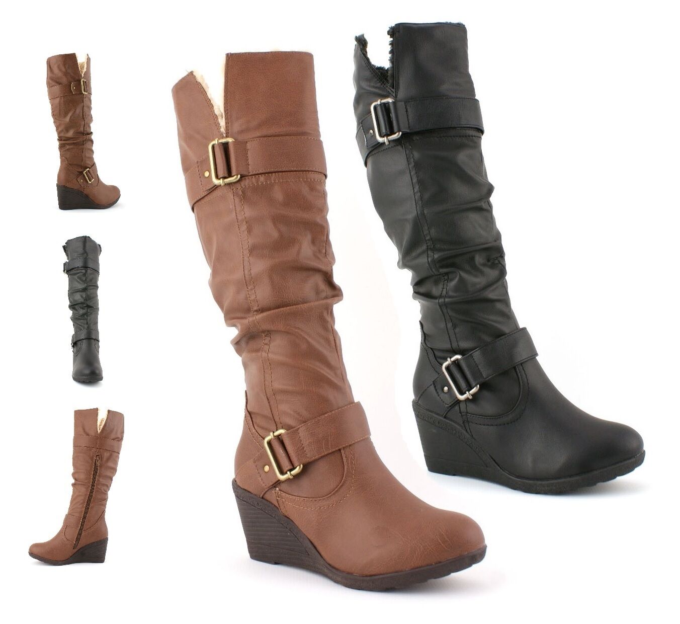 LADIES WOMENS FAUX LEATHER FUR WINTER WEDGE PLATFORM KNEE HIGH BOOTS SHOES SIZE