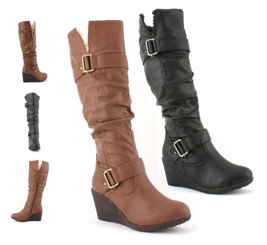 LADIES WOMENS FAUX LEATHER FUR WINTER WEDGE PLATFORM KNEE HIGH BOOTS SHOES SIZE
