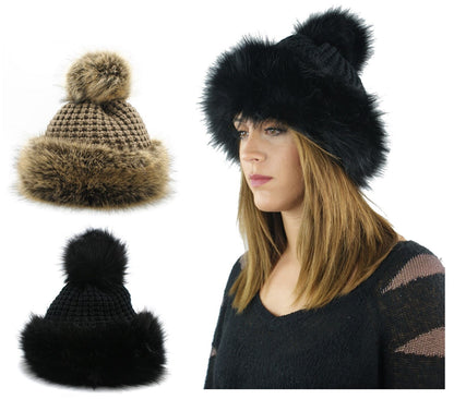 WOMENS LADIES FAUX FUR HAT POM POM KNITTED BEANIE COSSACK RUSSIAN STYLE WINTER 