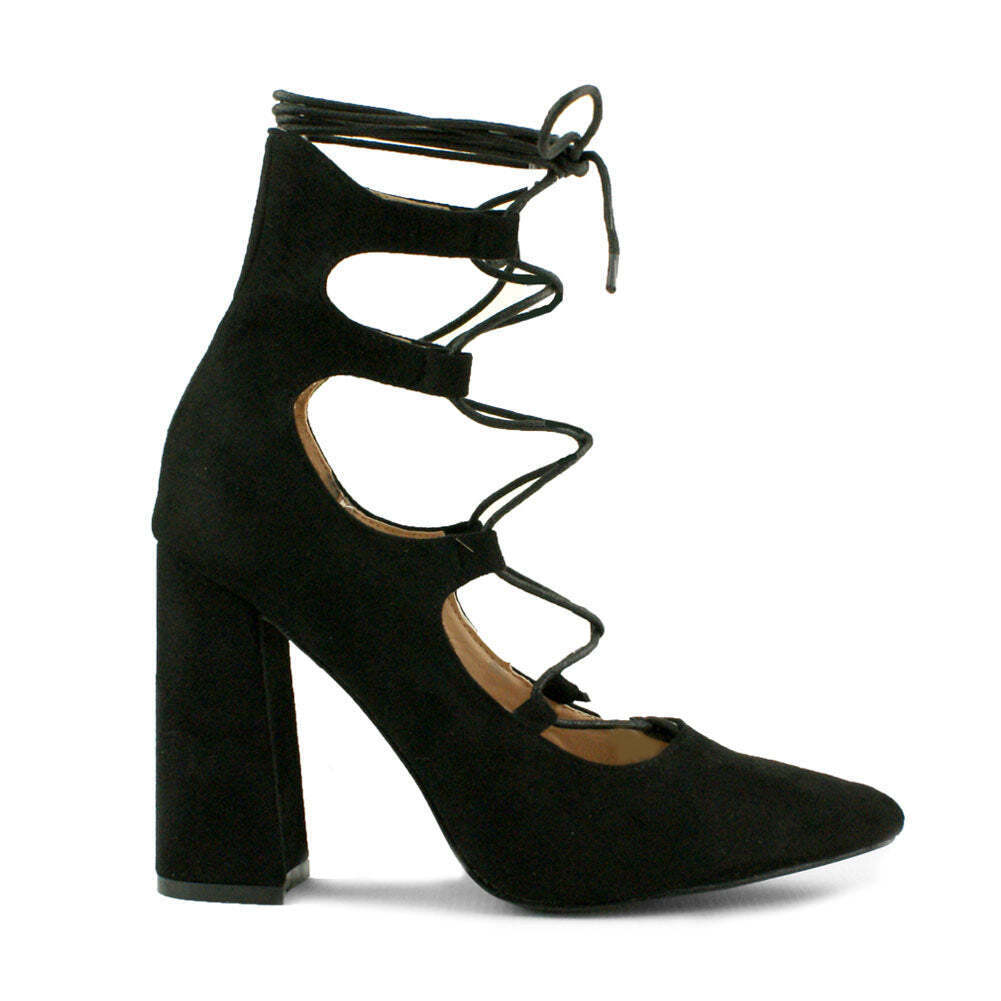 Lace Detail Block Heel Faux Suede Court Shoe