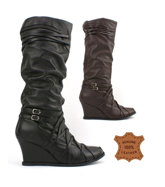 LADIES WOMENS REAL LEATHER KNEE HIGH WEDGE HEEL SMART CASUAL BOOTS SHOES SIZE