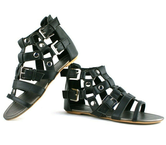 LADIES WOMENS STUD DETAIL CAGE SUMMER ROMAN STYLE SANDALS BEACH SHOES SIZE  