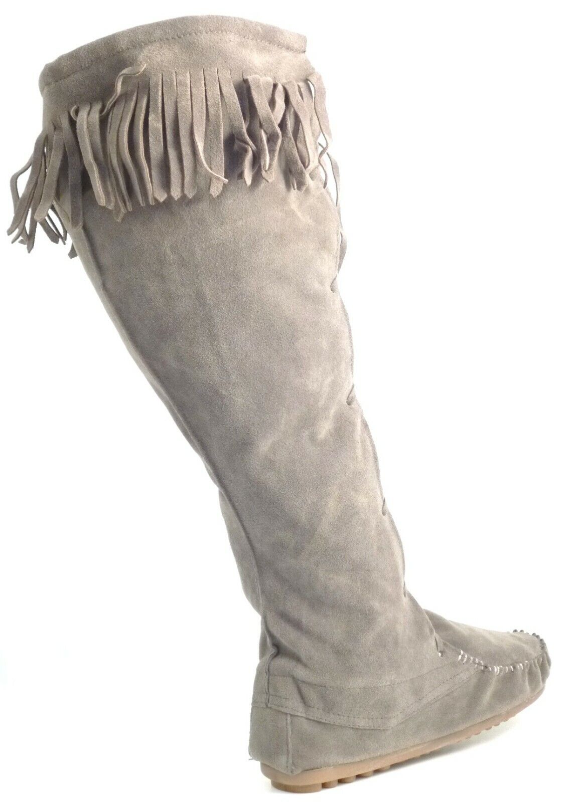 LADIES WOMENS FLAT BOHO MUKLAK FRINGE FAUX SUEDE PULL ON KNEE BOOTS SHOES SIZE 