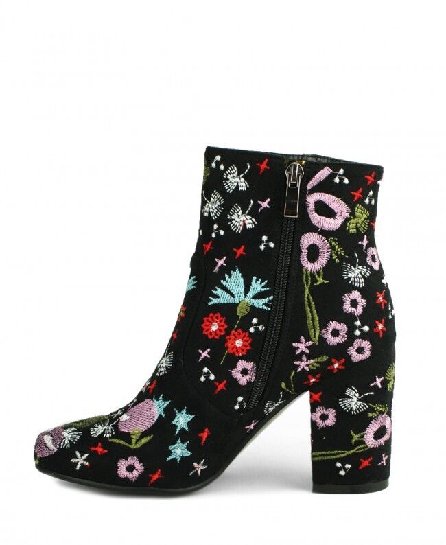 LADIES WOMENS FLORAL EMBROIDED BLACK SUEDE BLOCK HEEL RETRO ANKLE BOOTS SIZE