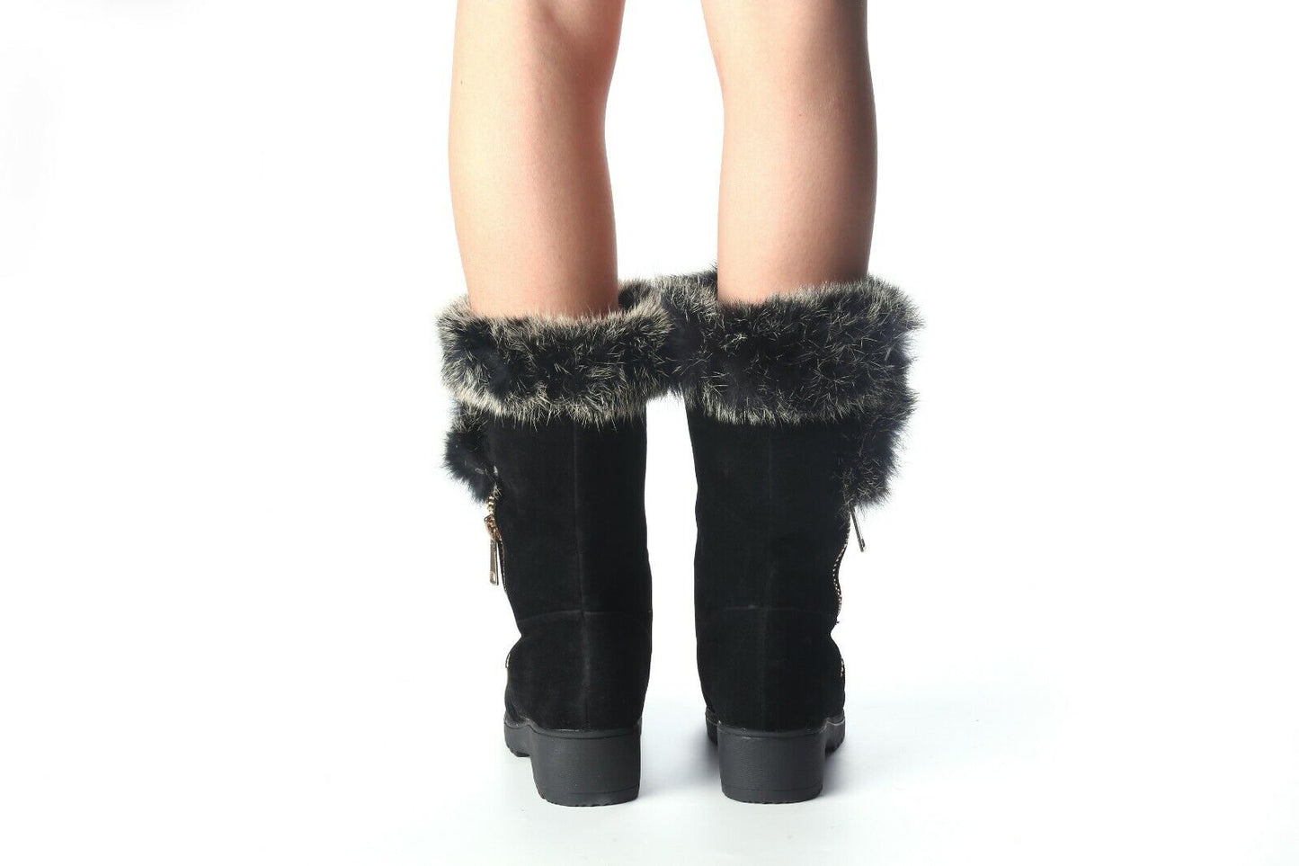 LADIES WOMENS LOW WEDGE FLEECE LINED FAUX SUEDE ZIP WINTER WARM FUR BOOTS SHOES