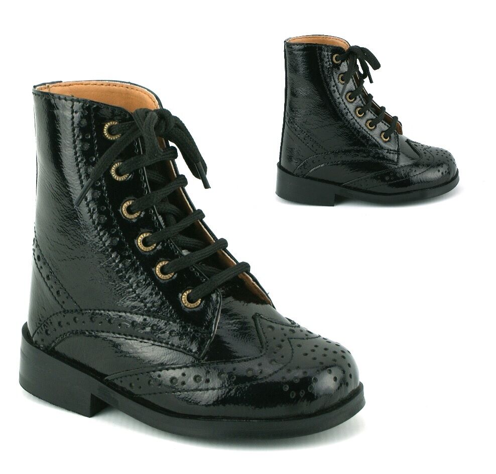 KIDS BOYS INFANTS REAL LEATHER LACE BLACK PATENT CHELSEA DEALER BOOTS SHOES SIZE