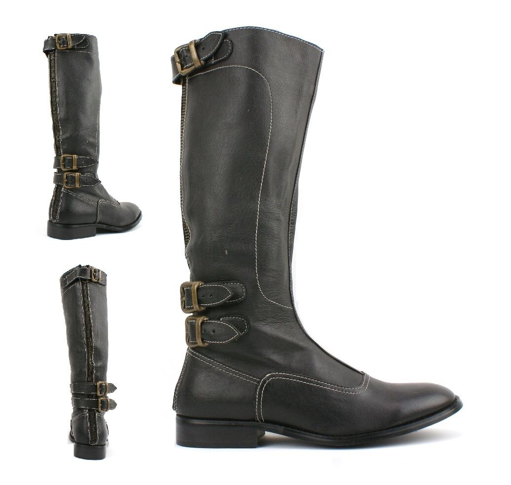 WOMENS LADIES REAL LEATHER CALF BIKER COWBOY RIDING STYLE SHOES BOOTS KNEE SIZE