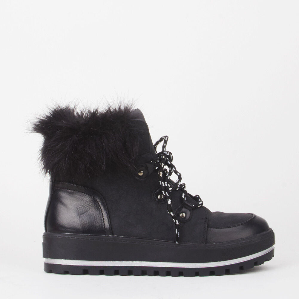 Ladies Womens Grip Sole Ski Moon Style Lace Up Faux Fur Collar Ankle Boots Shoes