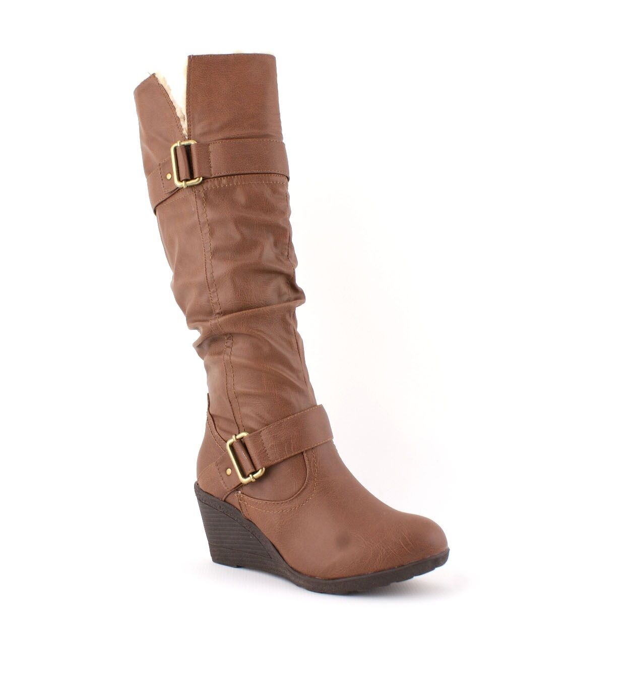 LADIES WOMENS FAUX LEATHER FUR WINTER WEDGE PLATFORM KNEE HIGH BOOTS SHOES SIZE