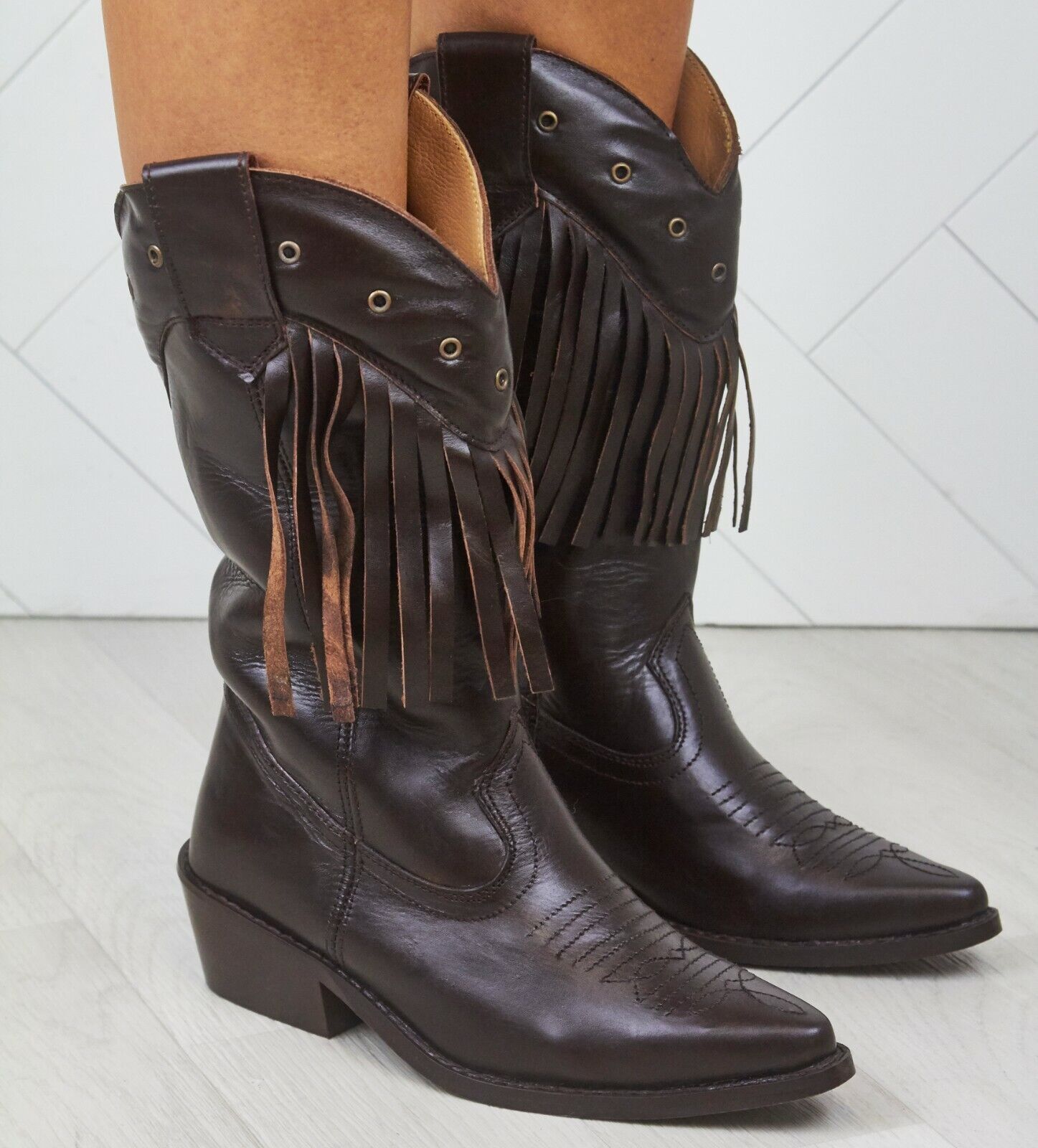 WOMENS LADIES REAL LEATHER COWBOY WESTERN STYLE ANKLE FRINGE BOOTS SHOES SIZE