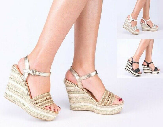 LADIES WEDGE HEEL SUMMER PEEP TOE ANKLE STRAP SANDALS