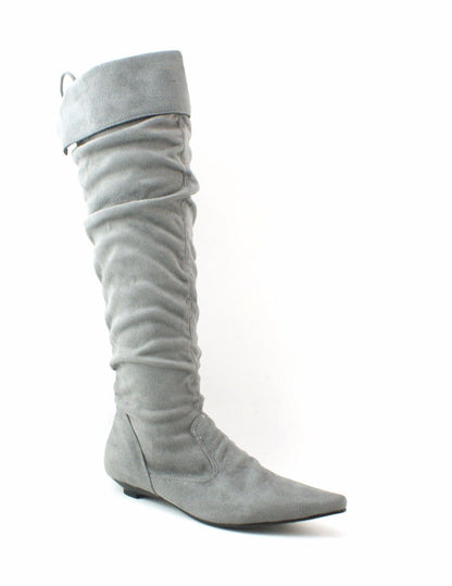 LADIES WOMENS SUEDE KNEE BOOTS LOW FLAT HEEL PULL ON PIRATE STYLE SHOES SIZE 