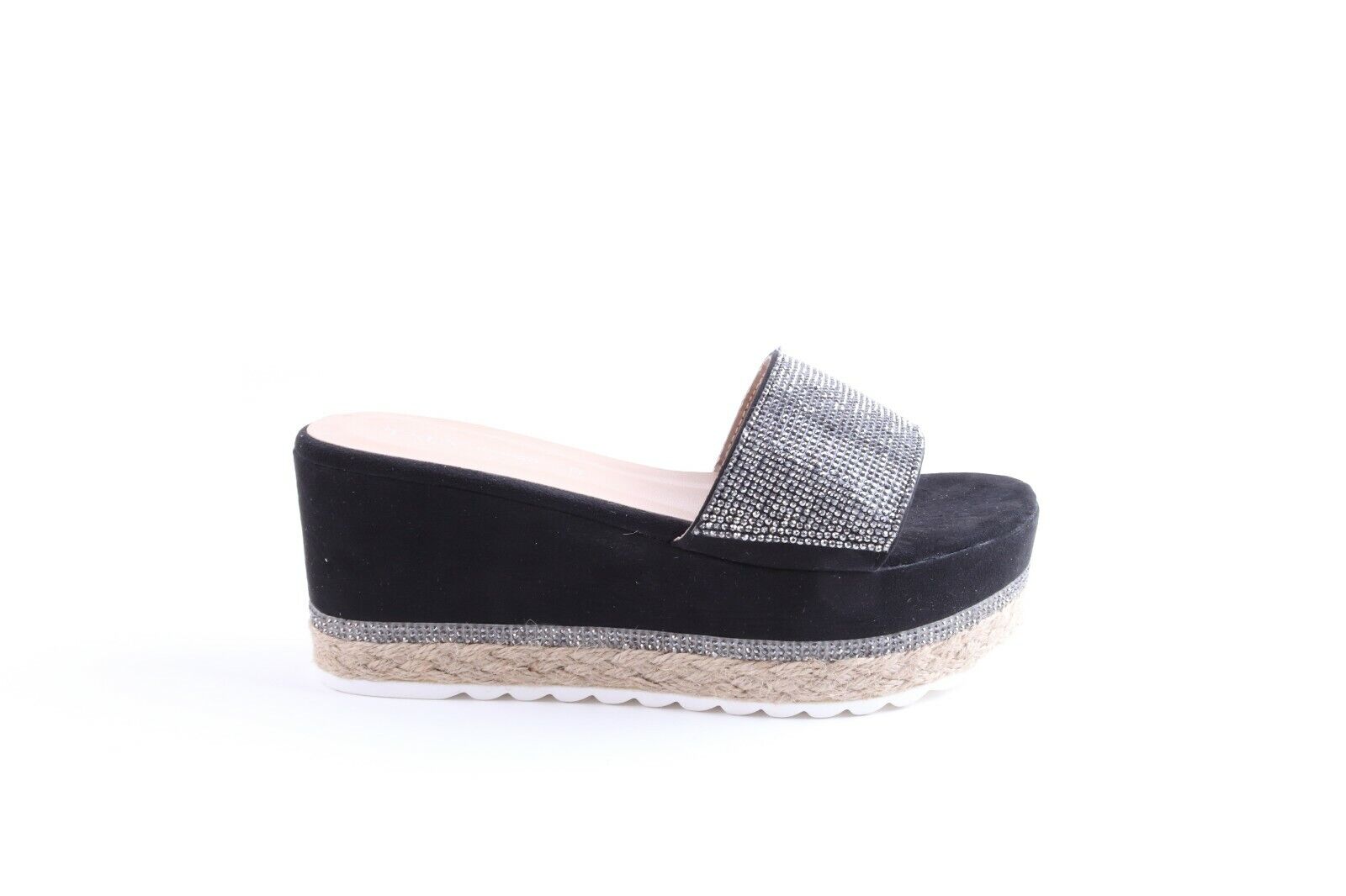 Ladies Flat Espadrille Diamante Slip On Mule Sandal Platform Summer Shoes