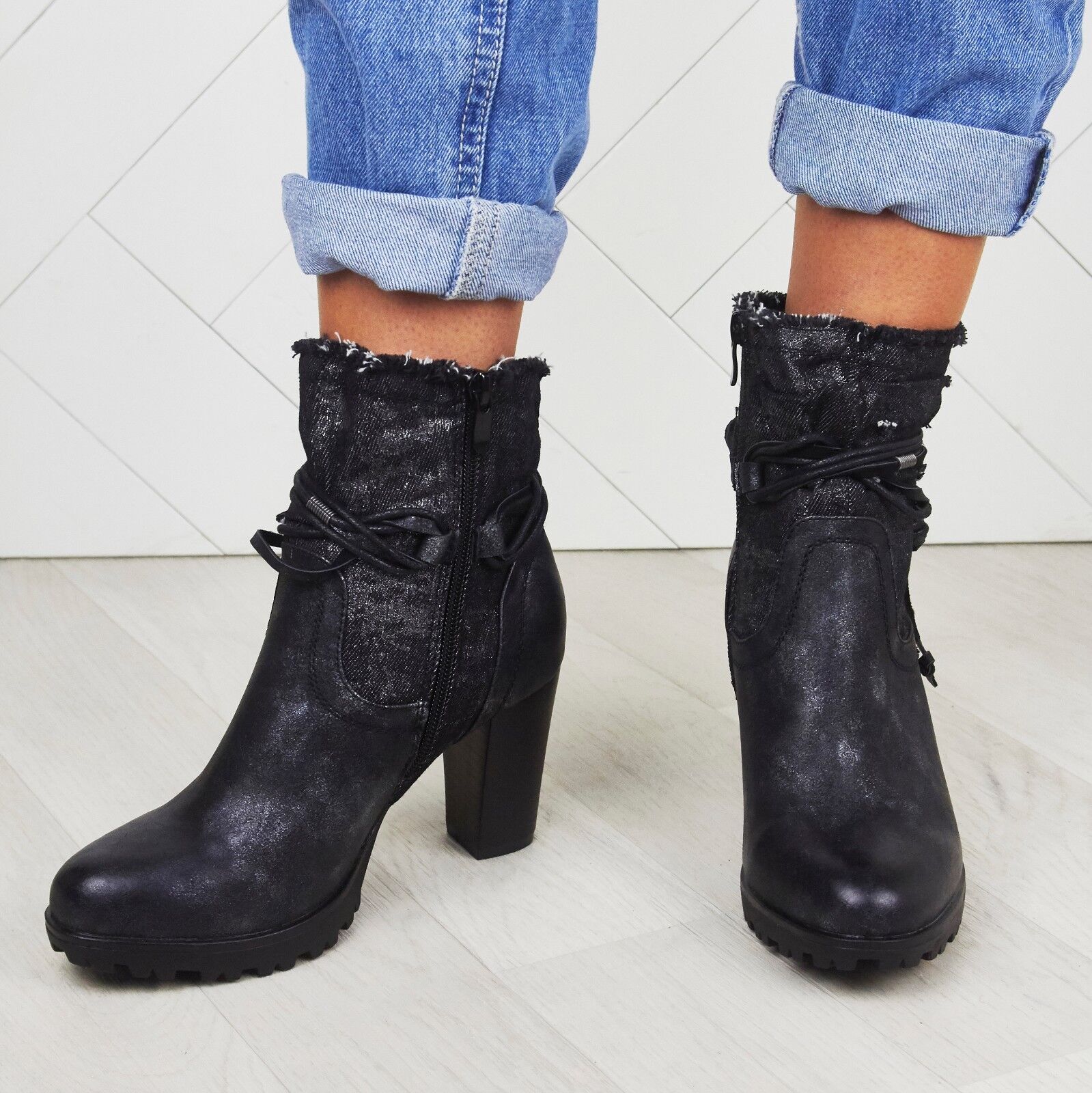 WOMENS LADIES BLOCK HEEL ANKLE DENIM DESIGN FASHION GRIP SOLE BOOTS SHOES SIZE