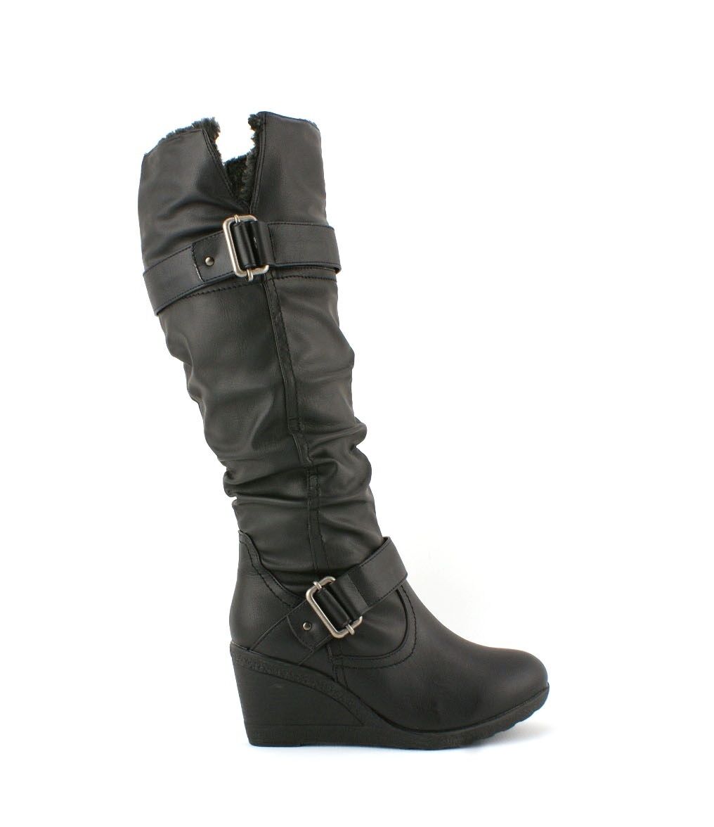 LADIES WOMENS FAUX LEATHER FUR WINTER WEDGE PLATFORM KNEE HIGH BOOTS SHOES SIZE
