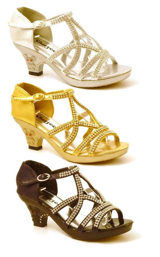 GIRLS KIDS LOW HEEL DIAMANTE TRIM WEDDING BRIDESMAID SANDALS SHOES PUMPS SIZE