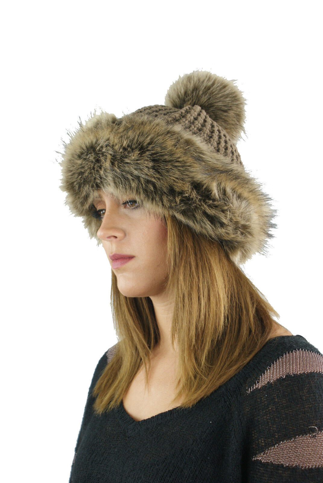 WOMENS LADIES FAUX FUR HAT POM POM KNITTED BEANIE COSSACK RUSSIAN STYLE WINTER 