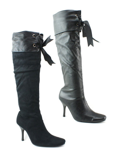 LADIES WOMENS BLACK KNEE BOOTS HIGH HEEL PIRATE STYLE RIBBON CUFF SHOES SIZE 
