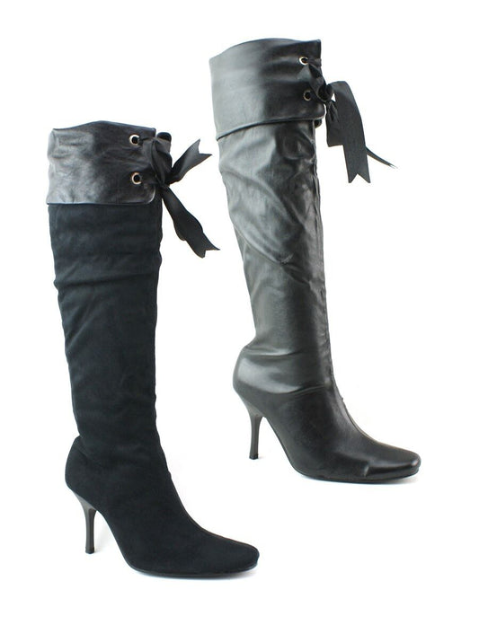 LADIES WOMENS BLACK KNEE BOOTS HIGH HEEL PIRATE STYLE RIBBON CUFF SHOES SIZE 