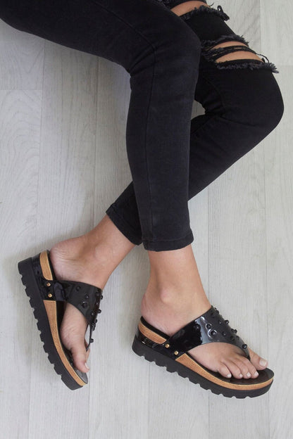 LADIES WOMENS TOE POST STUDS LOW WEDGE FLIP FLOPS SUMMER SANDALS SHOES SIZE 