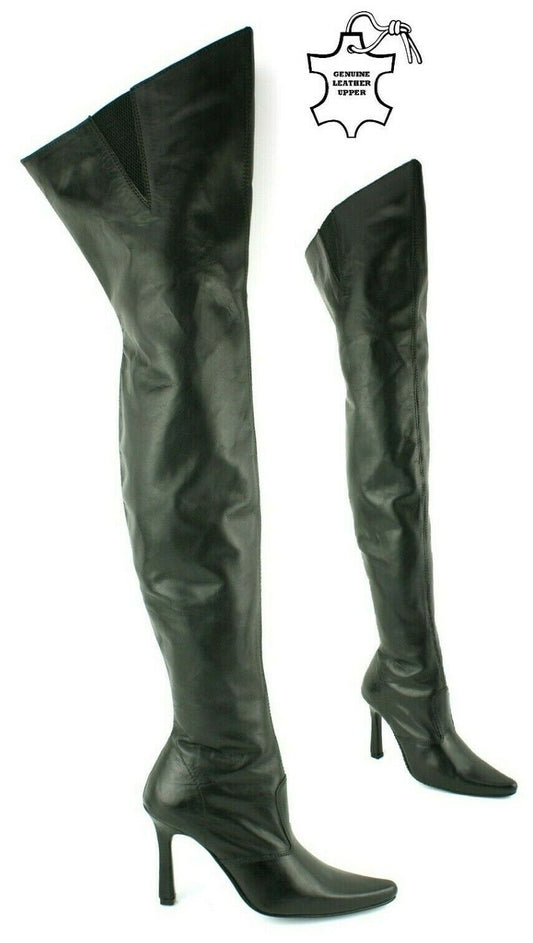 WOMENS MENS REAL LEATHER OVER THE KNEE THIGH HIGH SEXY FETISH KINKY BOOTS SIZE