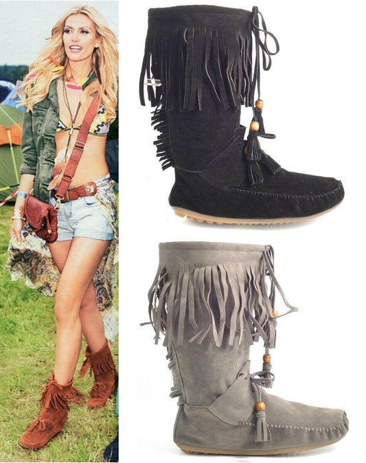 LADIES WOMENS FLAT BOHO MUKLAK FRINGE FAUX SUEDE PULL ON CALF BOOTS SHOES SIZE 