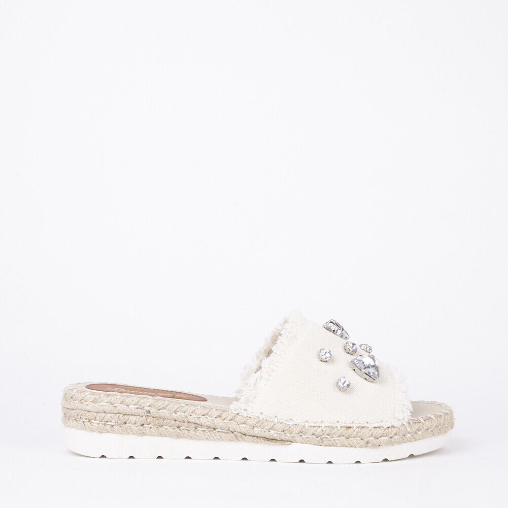 LADIES WOMENS FLAT ESPADRILLE SLIP ON DENIM DIAMANTE EMBELLISHED MULE SANDALS 