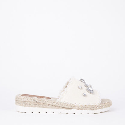 LADIES WOMENS FLAT ESPADRILLE SLIP ON DENIM DIAMANTE EMBELLISHED MULE SANDALS 