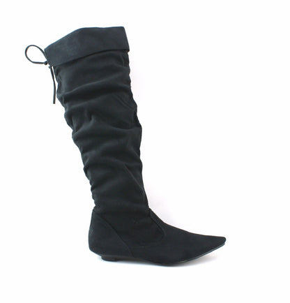 LADIES WOMENS SUEDE KNEE BOOTS LOW FLAT HEEL PULL ON PIRATE STYLE SHOES SIZE 