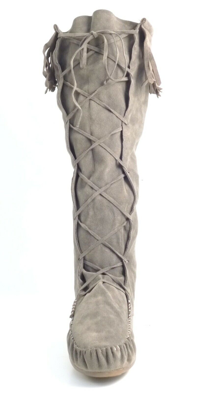LADIES WOMENS FLAT BOHO MUKLAK FRINGE FAUX SUEDE PULL ON KNEE BOOTS SHOES SIZE 